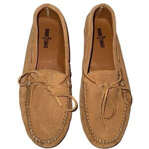 Minnetonka Men's Beige Leather Moccasin Slippers Size 13 Lace Up Casual